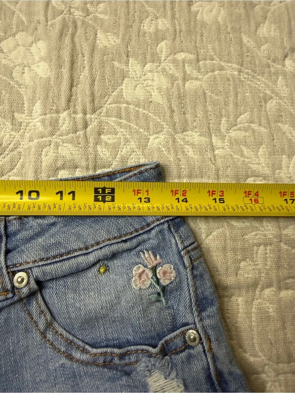 Almost Famous Women's High Rise Embroidered Distressed Denim Shorts Size 9